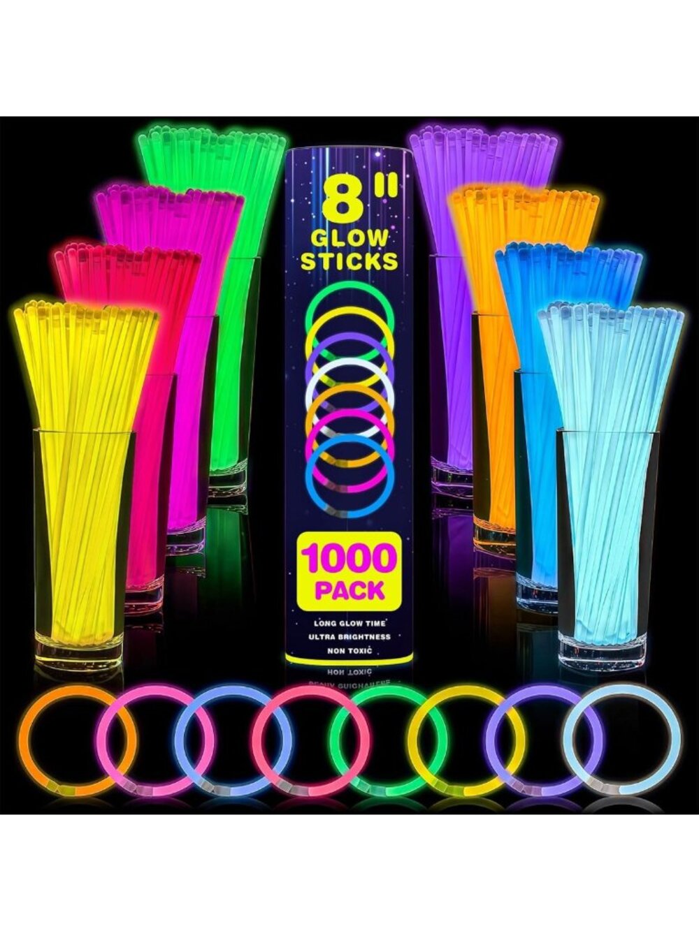 1000 Pcs 8 Inch Glow Sticks Bulk Party Pack with Connectors - Perfect for